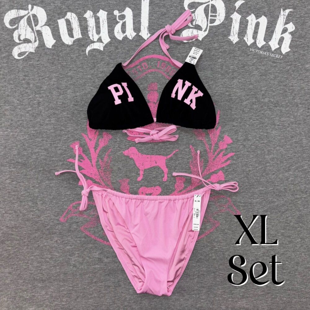 Victoria’s Secret PINK String Bikini Set Black & Pink String Bikini Size XL